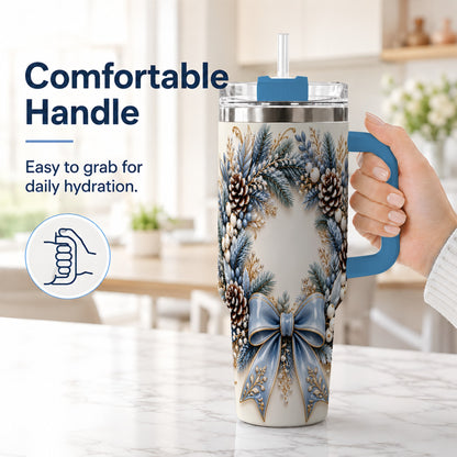 #pl[40oz|Blue] Blue Winter Wreath 40oz Tumbler with Handle, Frosted Botanical Art