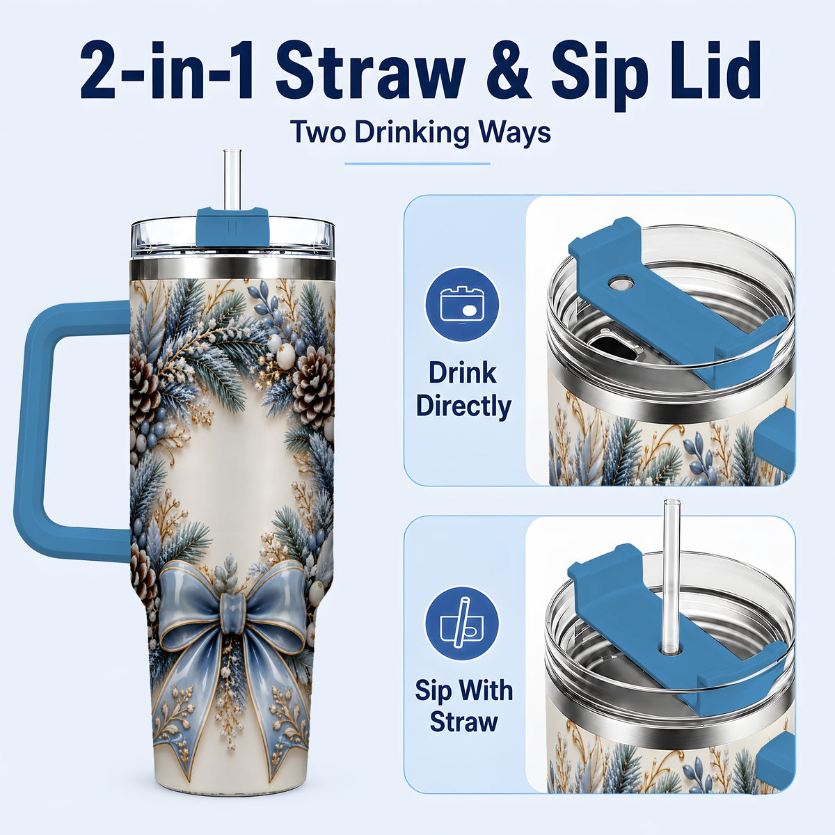 #pl[40oz|Blue] Blue Winter Wreath 40oz Tumbler with Handle, Frosted Botanical Art