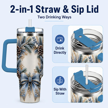 #pl[40oz|Blue] Blue Winter Wreath 40oz Tumbler with Handle, Frosted Botanical Art