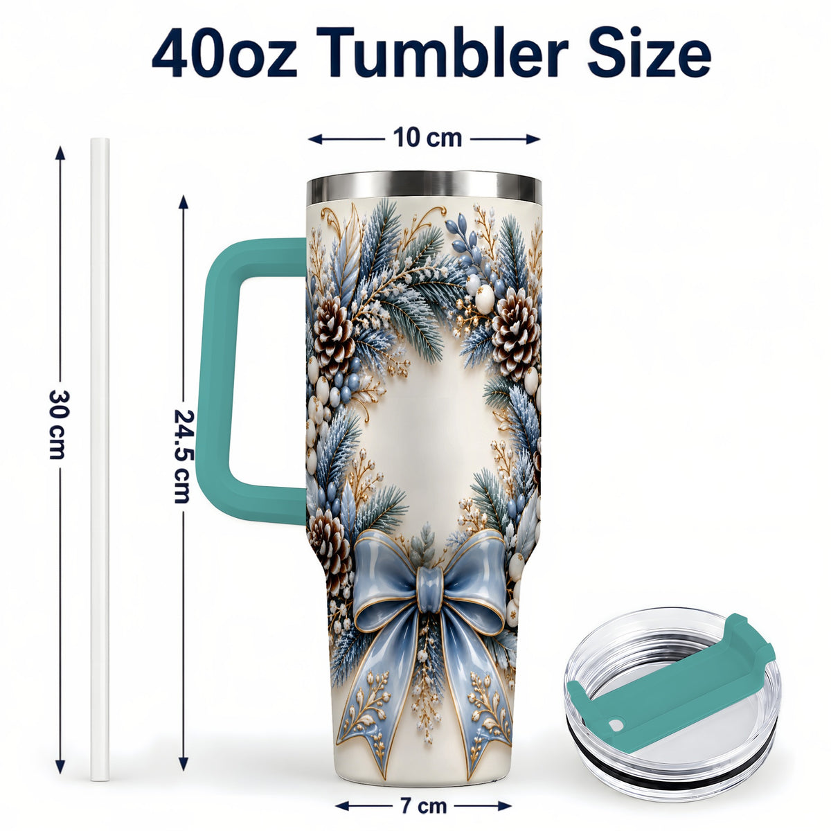 #pl[40oz|Green] Blue Winter Wreath 40oz Tumbler with Handle, Frosted Botanical Art