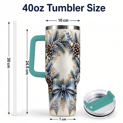 #pl[40oz|Green] Blue Winter Wreath 40oz Tumbler with Handle, Frosted Botanical Art