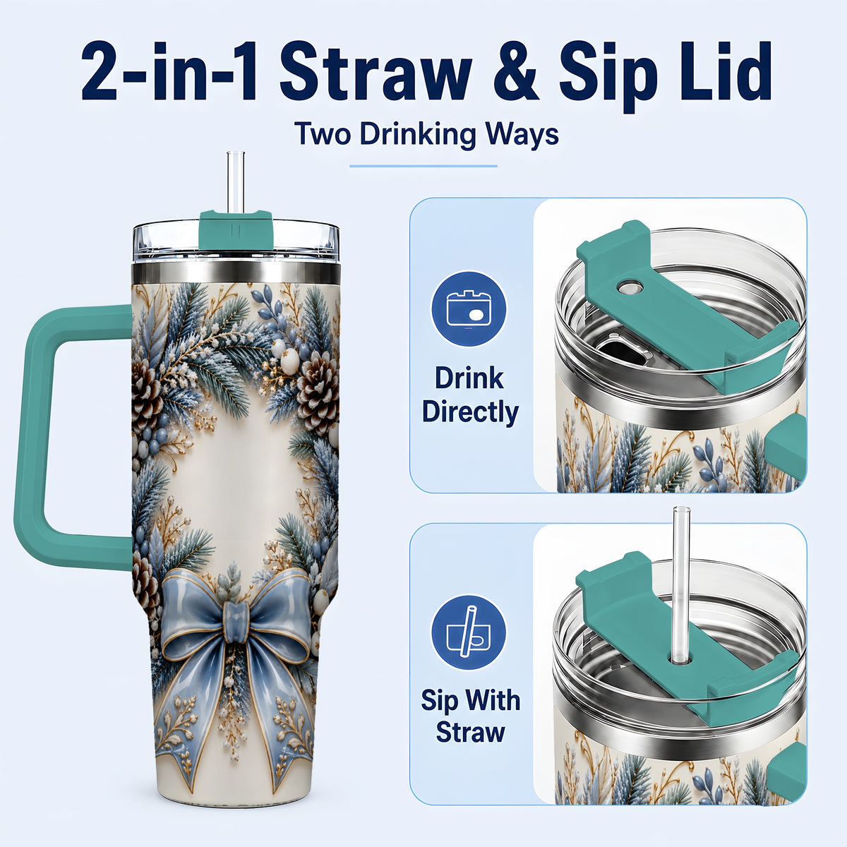 #pl[40oz|Green] Blue Winter Wreath 40oz Tumbler with Handle, Frosted Botanical Art