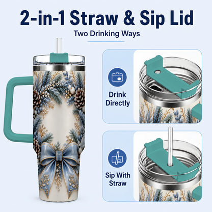 #pl[40oz|Green] Blue Winter Wreath 40oz Tumbler with Handle, Frosted Botanical Art