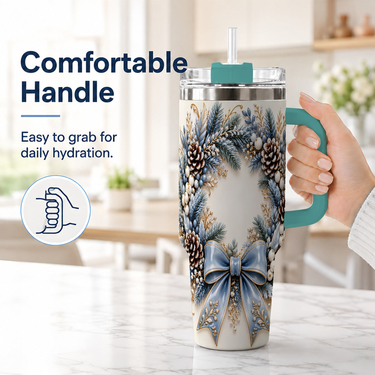 #pl[40oz|Green] Blue Winter Wreath 40oz Tumbler with Handle, Frosted Botanical Art