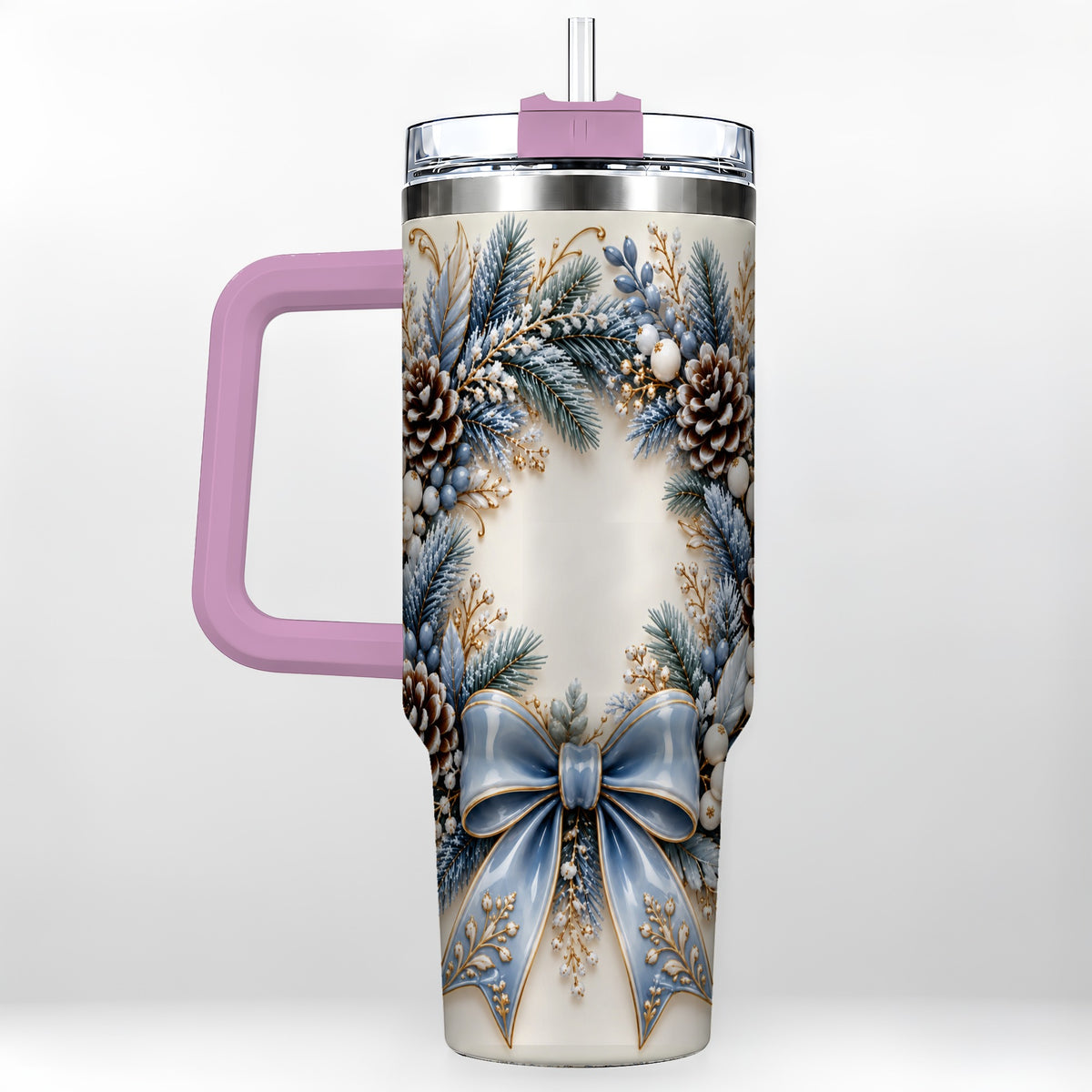 #pl[40oz|Pink] Blue Winter Wreath 40oz Tumbler with Handle, Frosted Botanical Art