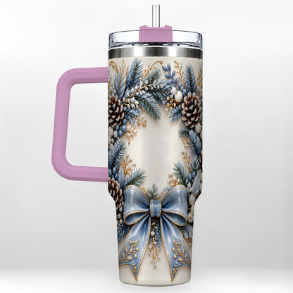 #pl[40oz|Pink] Blue Winter Wreath 40oz Tumbler with Handle, Frosted Botanical Art
