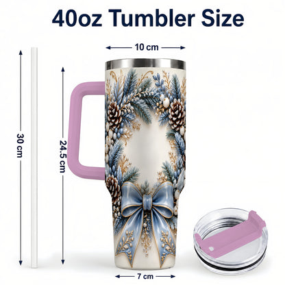 #pl[40oz|Pink] Blue Winter Wreath 40oz Tumbler with Handle, Frosted Botanical Art