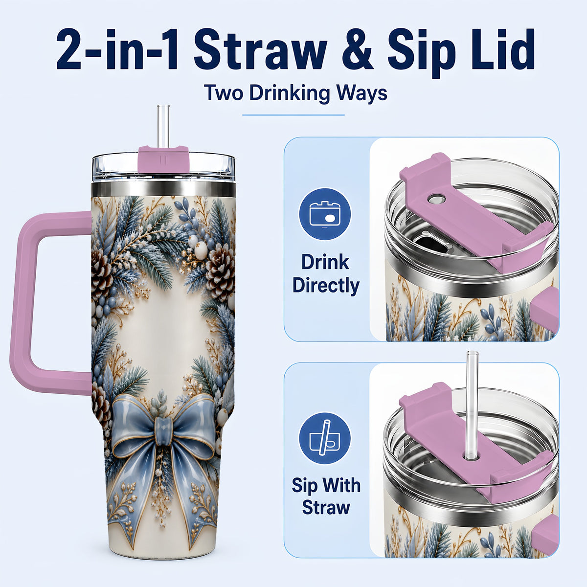 #pl[40oz|Pink] Blue Winter Wreath 40oz Tumbler with Handle, Frosted Botanical Art