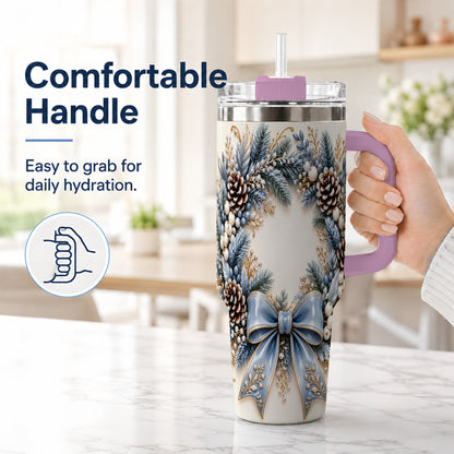 #pl[40oz|Pink] Blue Winter Wreath 40oz Tumbler with Handle, Frosted Botanical Art