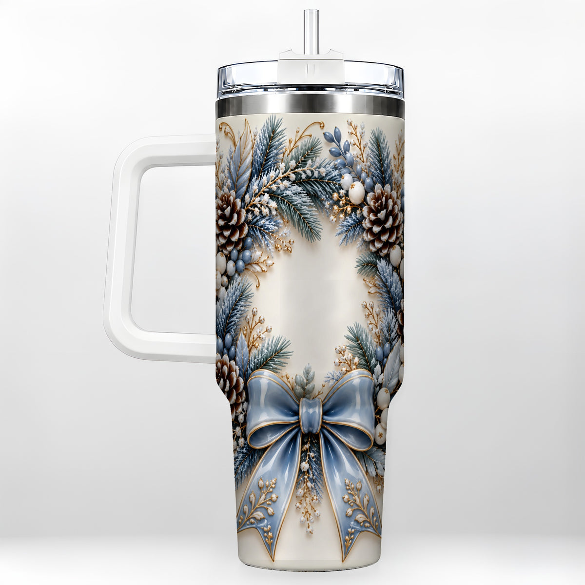 Blue Winter Wreath 40oz Tumbler with Handle, Frosted Botanical Art