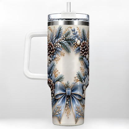 Blue Winter Wreath 40oz Tumbler with Handle, Frosted Botanical Art