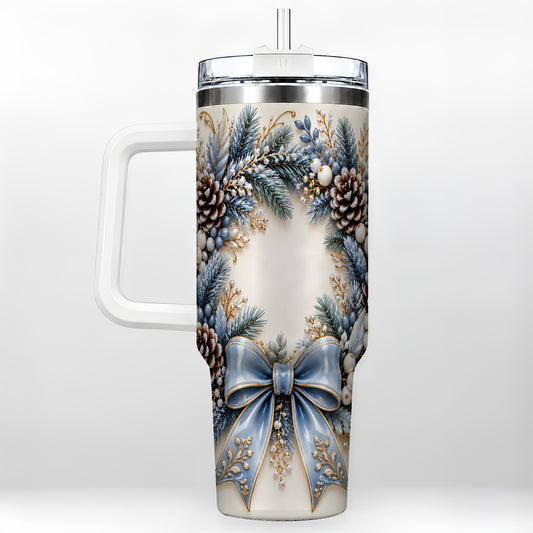 Blue Winter Wreath 40oz Tumbler with Handle, Frosted Botanical Art