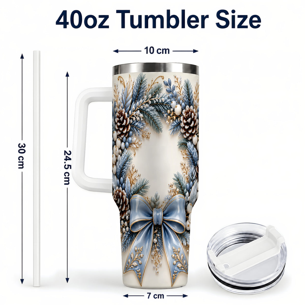 #pl[40oz|White] Blue Winter Wreath 40oz Tumbler with Handle, Frosted Botanical Art