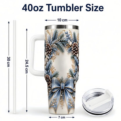 #pl[40oz|White] Blue Winter Wreath 40oz Tumbler with Handle, Frosted Botanical Art