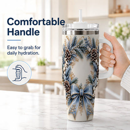 #pl[40oz|White] Blue Winter Wreath 40oz Tumbler with Handle, Frosted Botanical Art