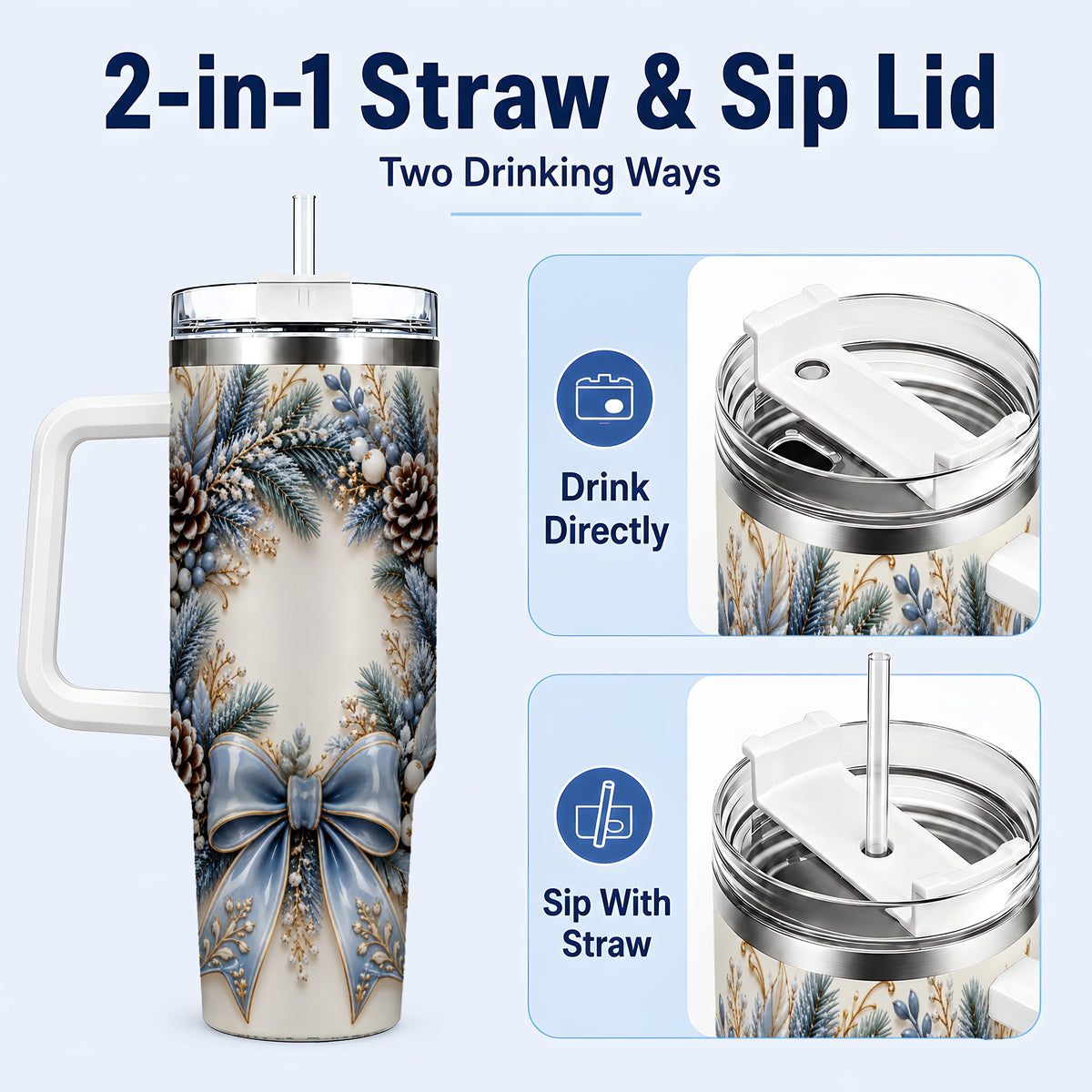 #pl[40oz|White] Blue Winter Wreath 40oz Tumbler with Handle, Frosted Botanical Art