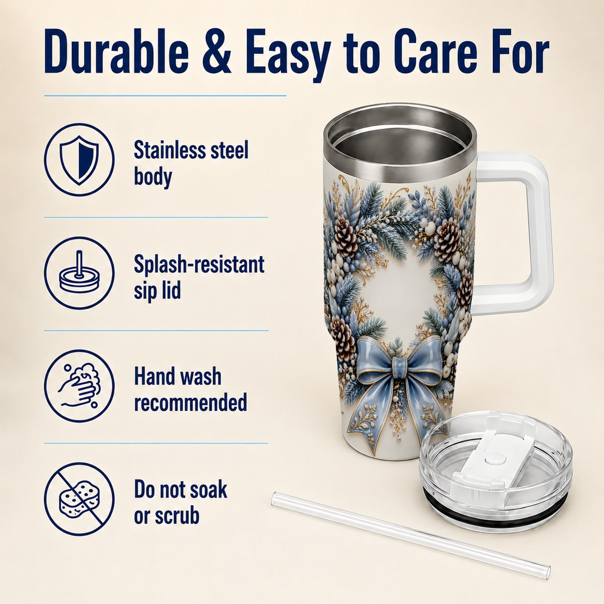 Blue Winter Wreath 40oz Tumbler with Handle, Frosted Botanical Art