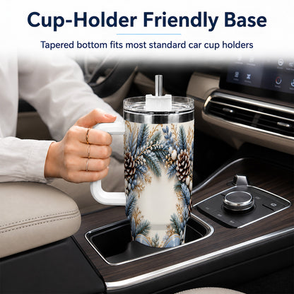 Blue Winter Wreath 40oz Tumbler with Handle, Frosted Botanical Art