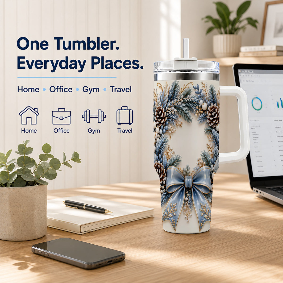 Blue Winter Wreath 40oz Tumbler with Handle, Frosted Botanical Art