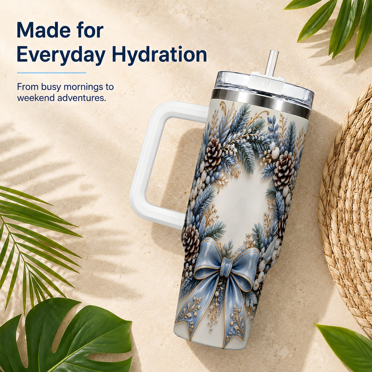 Blue Winter Wreath 40oz Tumbler with Handle, Frosted Botanical Art