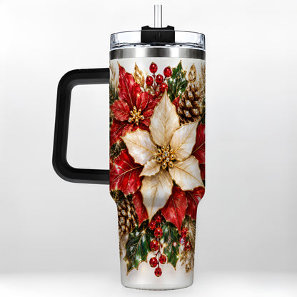 #pl[40oz|Black] Christmas Poinsettia 40oz Tumbler with Handle, Red White Floral Art