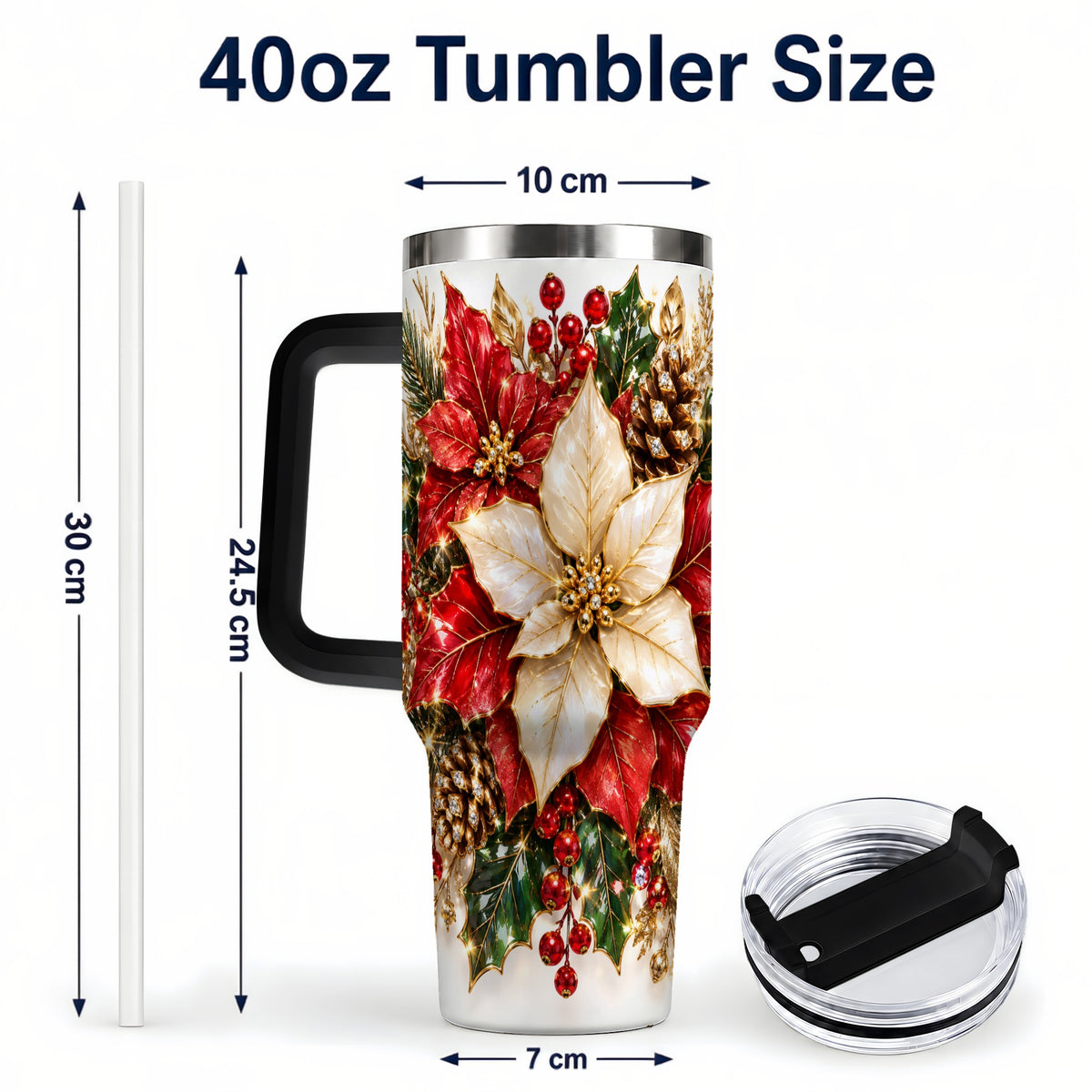 #pl[40oz|Black] Christmas Poinsettia 40oz Tumbler with Handle, Red White Floral Art