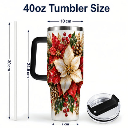 #pl[40oz|Black] Christmas Poinsettia 40oz Tumbler with Handle, Red White Floral Art