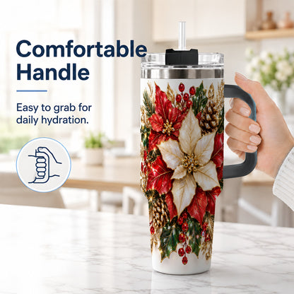 #pl[40oz|Black] Christmas Poinsettia 40oz Tumbler with Handle, Red White Floral Art