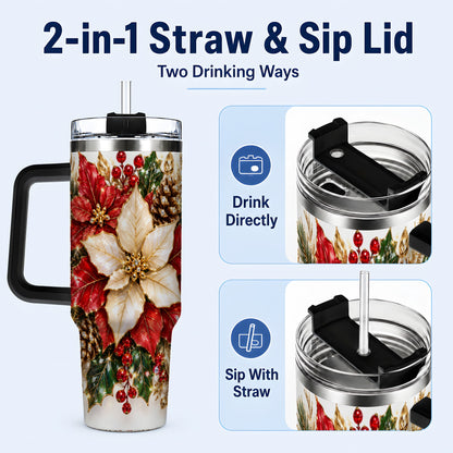 #pl[40oz|Black] Christmas Poinsettia 40oz Tumbler with Handle, Red White Floral Art