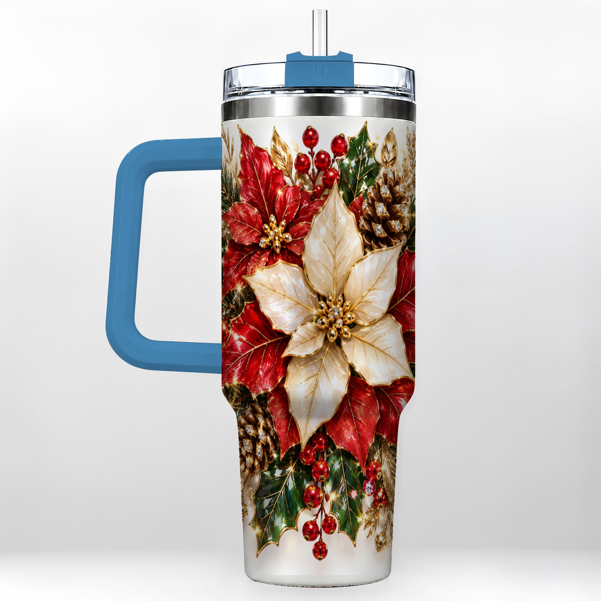 #pl[40oz|Blue] Christmas Poinsettia 40oz Tumbler with Handle, Red White Floral Art