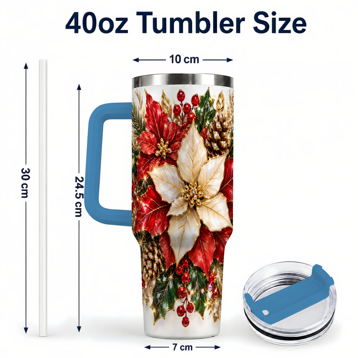 #pl[40oz|Blue] Christmas Poinsettia 40oz Tumbler with Handle, Red White Floral Art