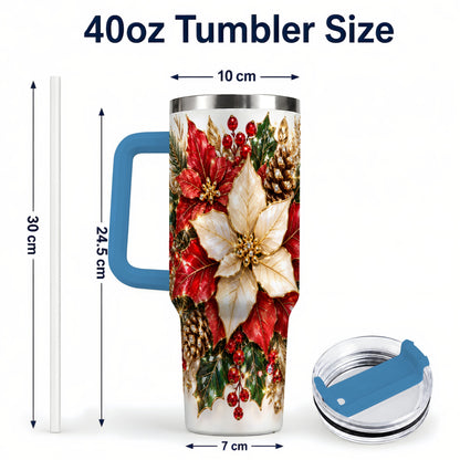 #pl[40oz|Blue] Christmas Poinsettia 40oz Tumbler with Handle, Red White Floral Art
