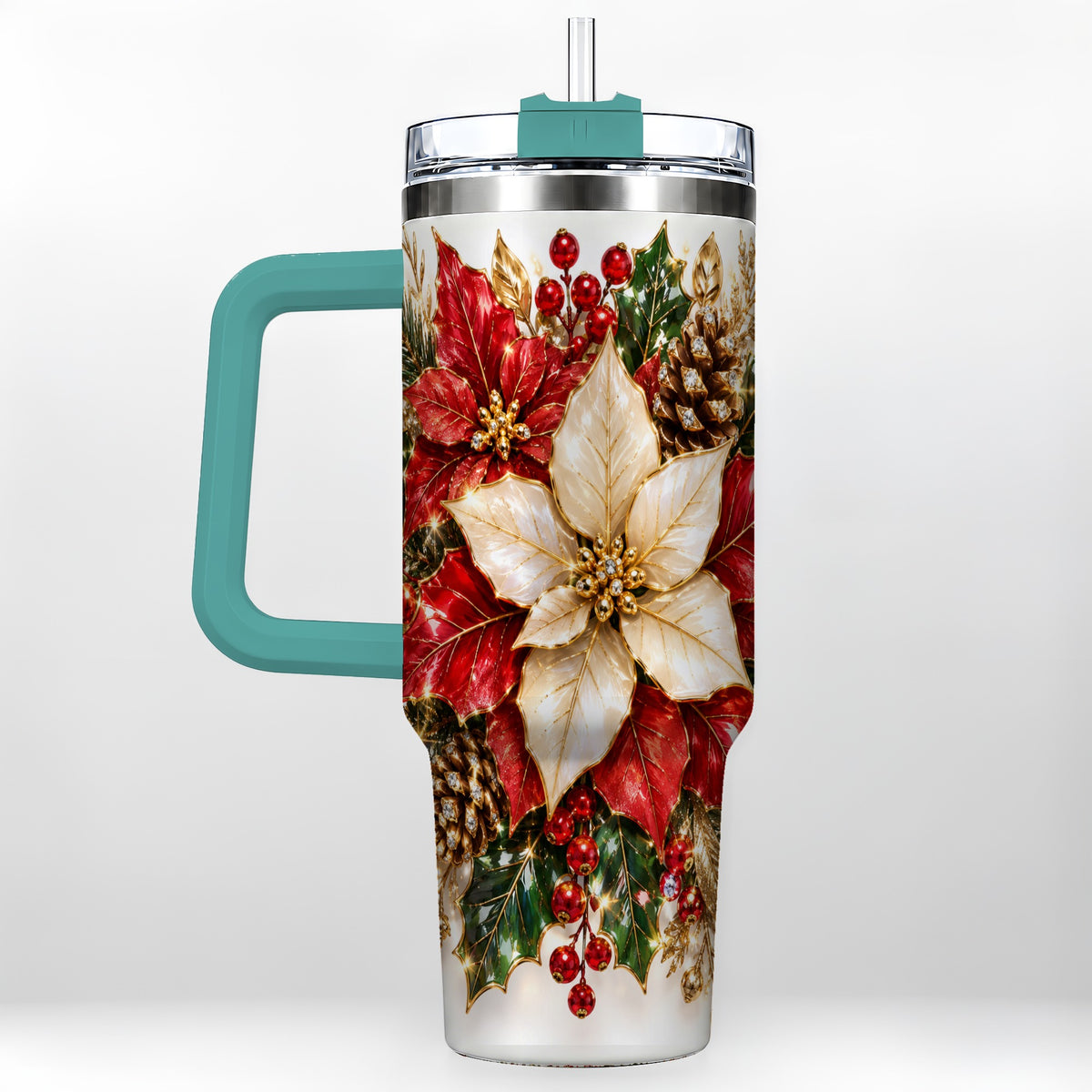 #pl[40oz|Green] Christmas Poinsettia 40oz Tumbler with Handle, Red White Floral Art