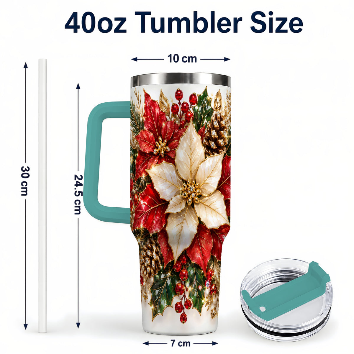 #pl[40oz|Green] Christmas Poinsettia 40oz Tumbler with Handle, Red White Floral Art
