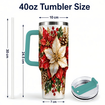 #pl[40oz|Green] Christmas Poinsettia 40oz Tumbler with Handle, Red White Floral Art
