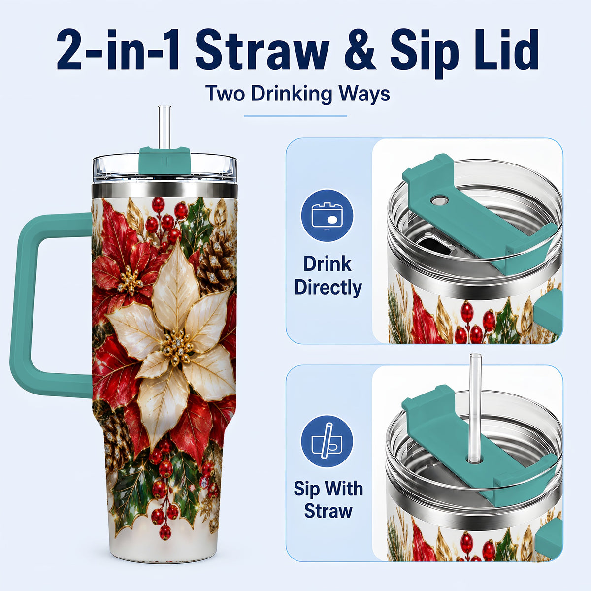 #pl[40oz|Green] Christmas Poinsettia 40oz Tumbler with Handle, Red White Floral Art