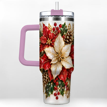 #pl[40oz|Pink] Christmas Poinsettia 40oz Tumbler with Handle, Red White Floral Art