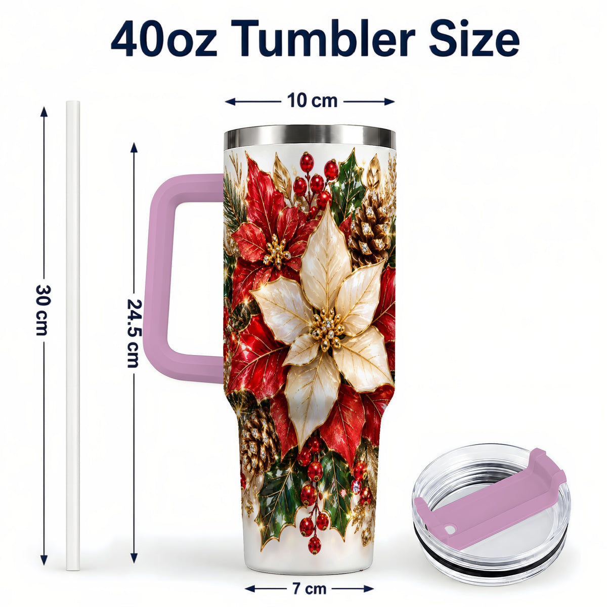 #pl[40oz|Pink] Christmas Poinsettia 40oz Tumbler with Handle, Red White Floral Art