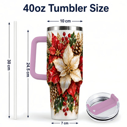 #pl[40oz|Pink] Christmas Poinsettia 40oz Tumbler with Handle, Red White Floral Art