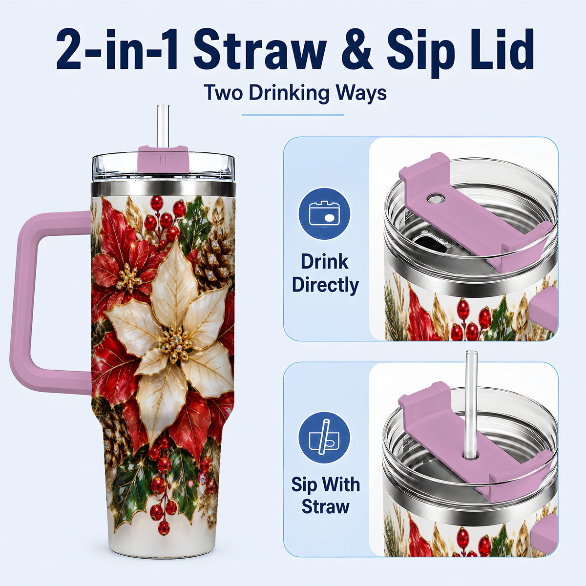 #pl[40oz|Pink] Christmas Poinsettia 40oz Tumbler with Handle, Red White Floral Art