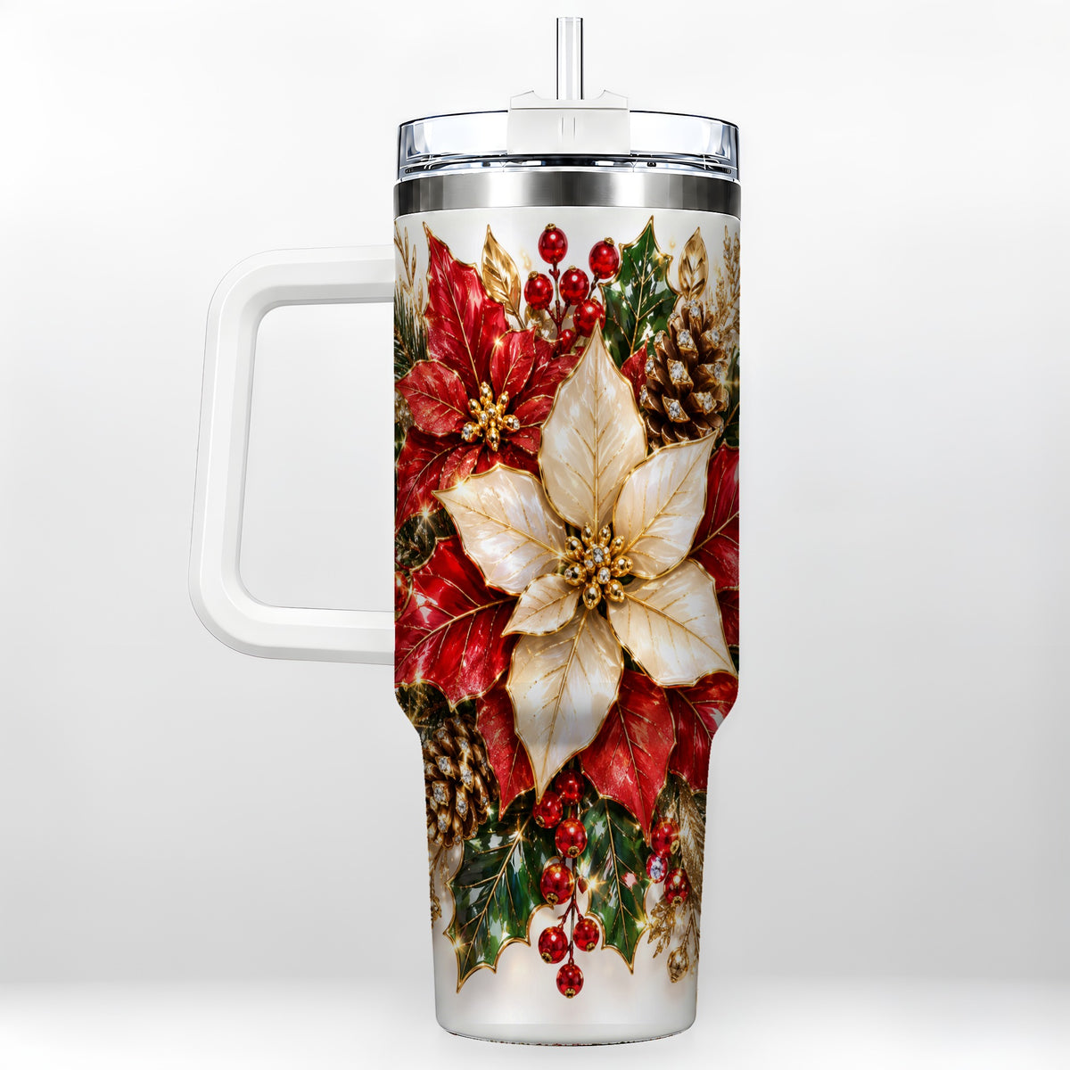 Christmas Poinsettia 40oz Tumbler with Handle, Red White Floral Art