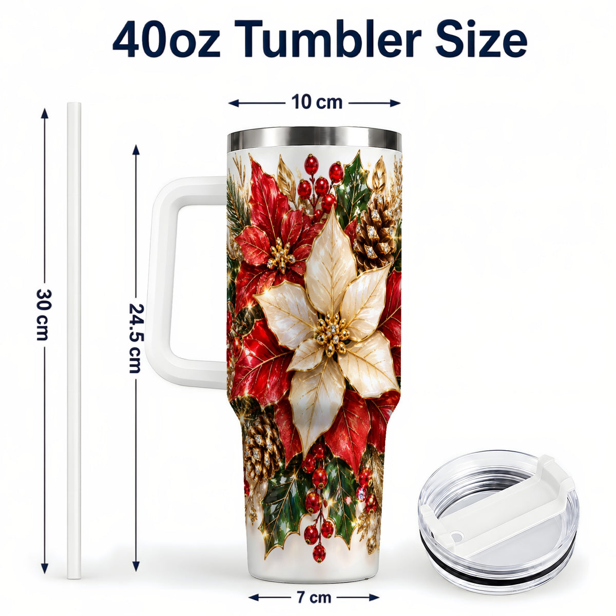#pl[40oz|White] Christmas Poinsettia 40oz Tumbler with Handle, Red White Floral Art