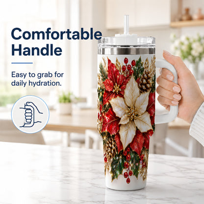 #pl[40oz|White] Christmas Poinsettia 40oz Tumbler with Handle, Red White Floral Art