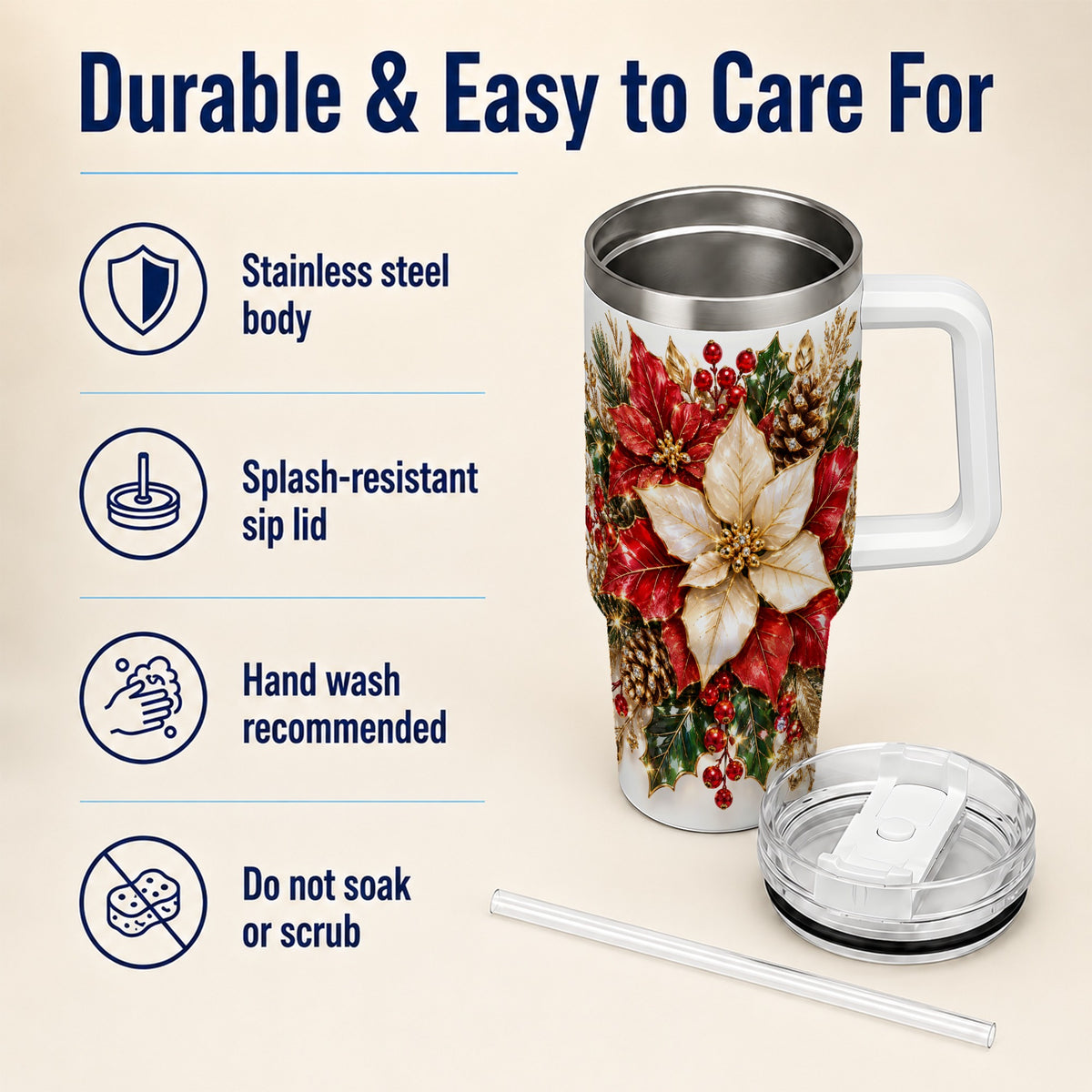 Christmas Poinsettia 40oz Tumbler with Handle, Red White Floral Art