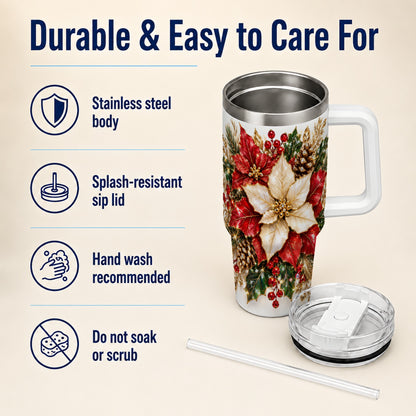 Christmas Poinsettia 40oz Tumbler with Handle, Red White Floral Art