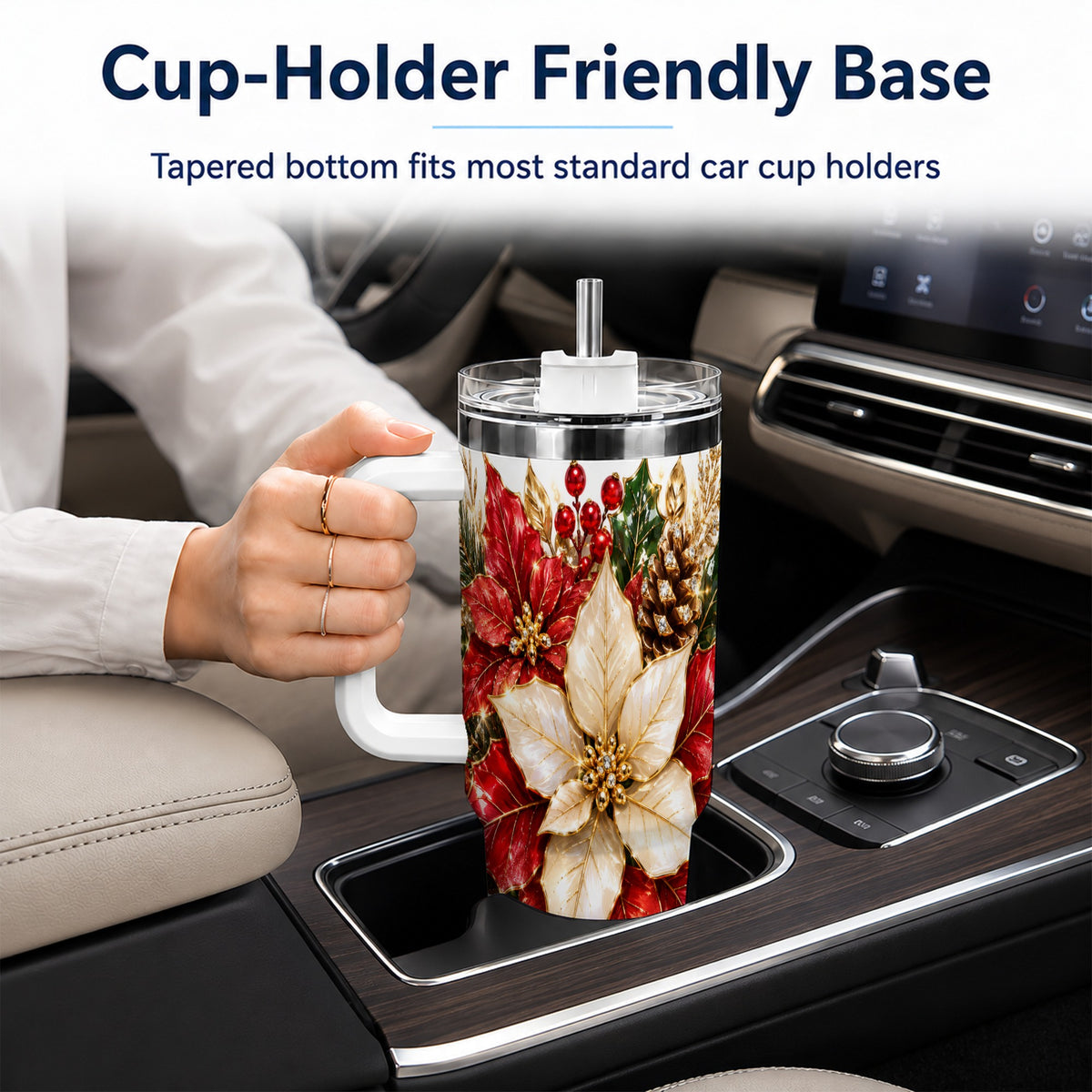 Christmas Poinsettia 40oz Tumbler with Handle, Red White Floral Art