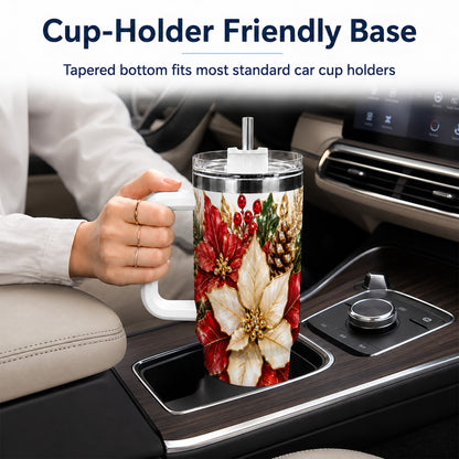 Christmas Poinsettia 40oz Tumbler with Handle, Red White Floral Art