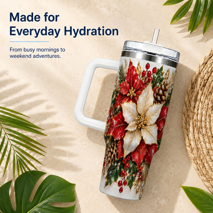 Christmas Poinsettia 40oz Tumbler with Handle, Red White Floral Art