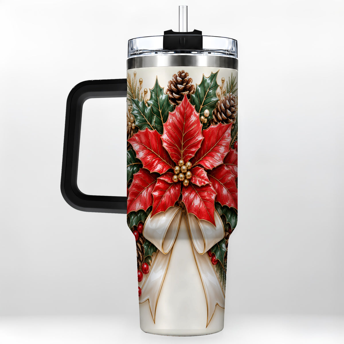 #pl[40oz|Black] Red Poinsettia 40oz Tumbler with Handle, Ivory Bow Christmas Floral Art