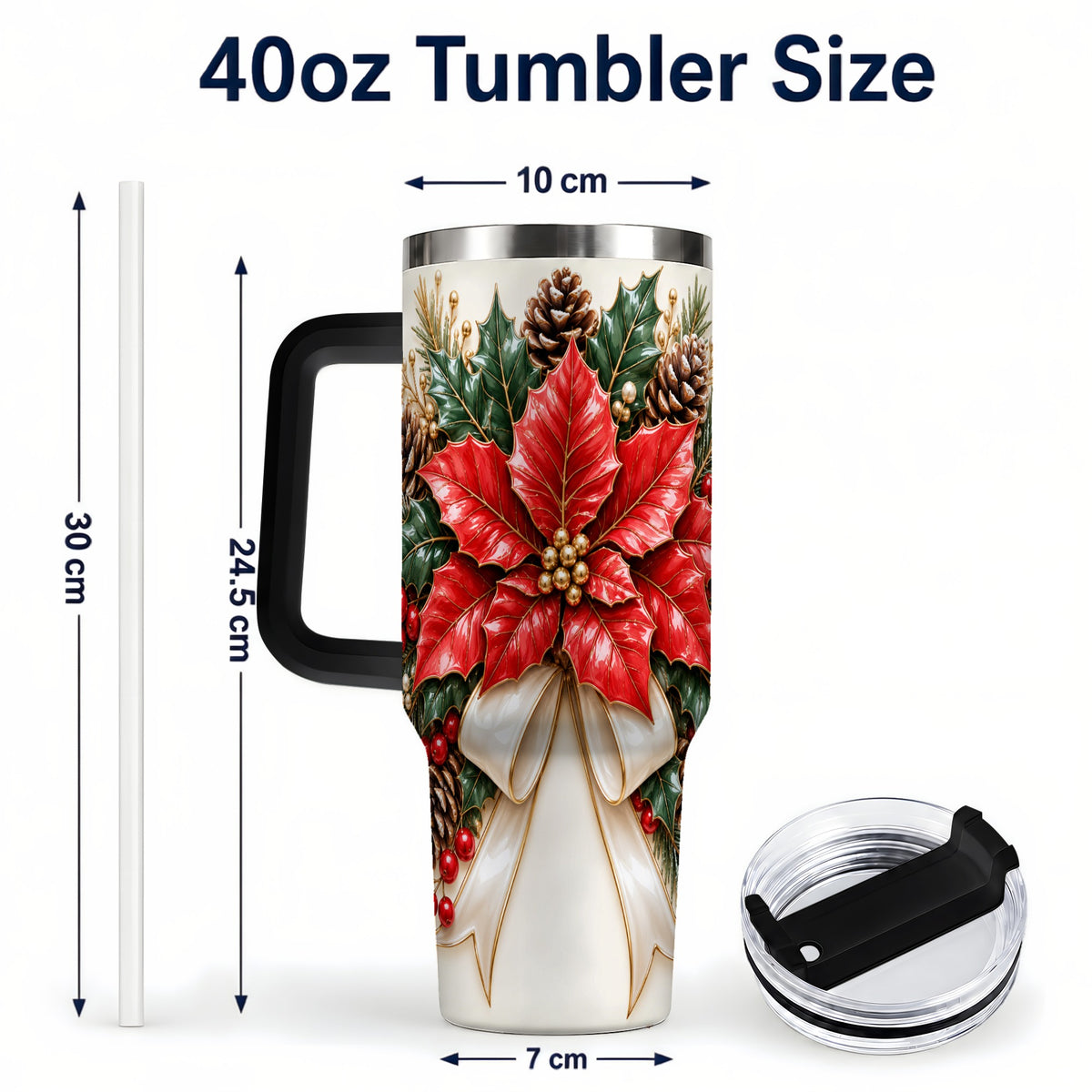 #pl[40oz|Black] Red Poinsettia 40oz Tumbler with Handle, Ivory Bow Christmas Floral Art